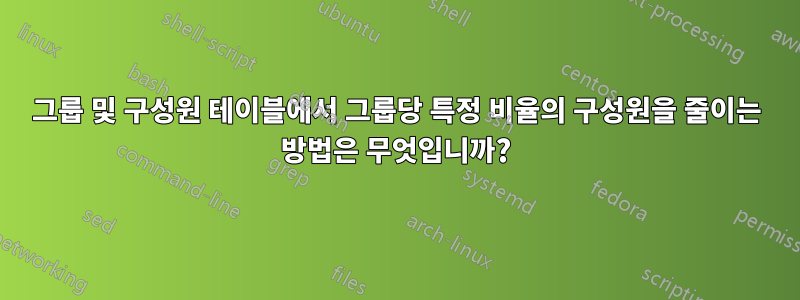 그룹 및 구성원 테이블에서 그룹당 특정 비율의 구성원을 줄이는 방법은 무엇입니까?