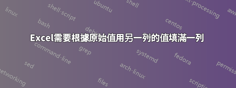 Excel需要根據原始值用另一列的值填滿一列
