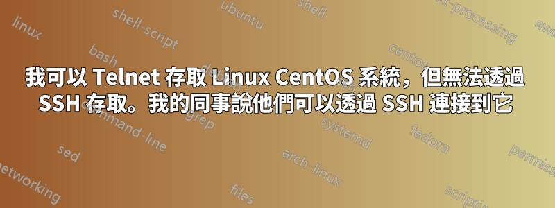 我可以 Telnet 存取 Linux CentOS 系統，但無法透過 SSH 存取。我的同事說他們可以透過 SSH 連接到它