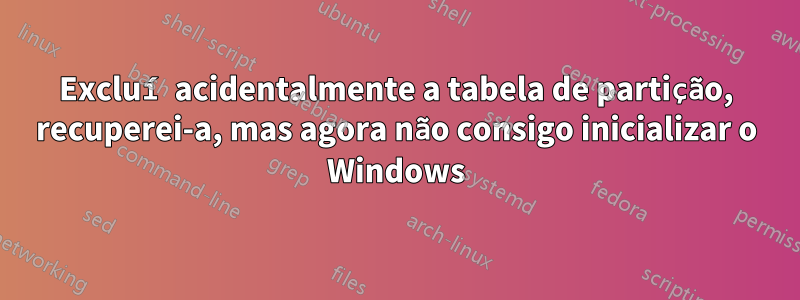 Excluí acidentalmente a tabela de partição, recuperei-a, mas agora não consigo inicializar o Windows