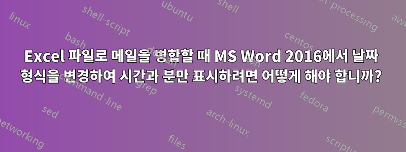 Excel 파일로 메일을 병합할 때 MS Word 2016에서 날짜 형식을 변경하여 시간과 분만 표시하려면 어떻게 해야 합니까?