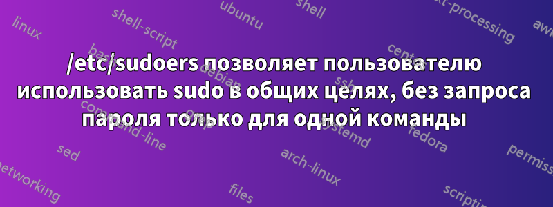 /etc/sudoers позволяет пользователю использовать sudo в общих целях, без запроса пароля только для одной команды