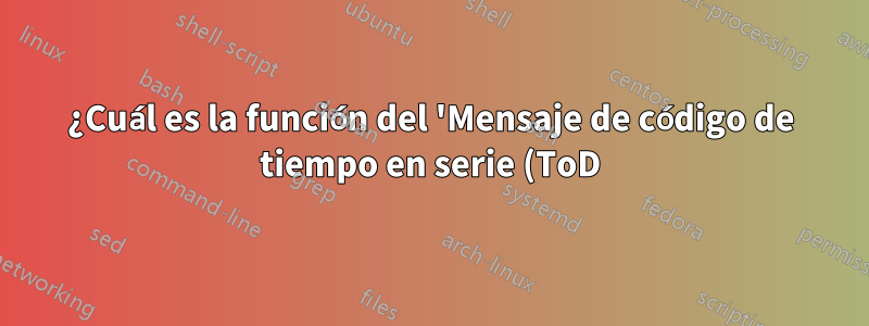 ¿Cuál es la función del 'Mensaje de código de tiempo en serie (ToD) (línea en serie RS-232)' según lo dispuesto en una especificación del amplificador de distribución?