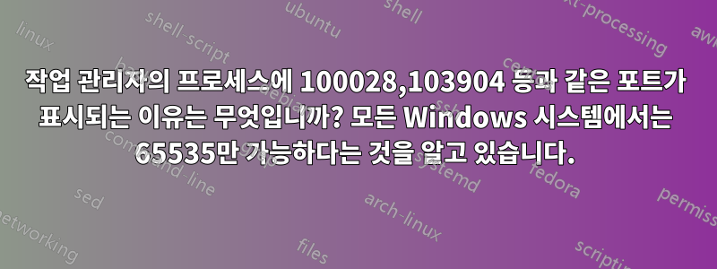 작업 관리자의 프로세스에 100028,103904 등과 같은 포트가 표시되는 이유는 무엇입니까? 모든 Windows 시스템에서는 65535만 가능하다는 것을 알고 있습니다.