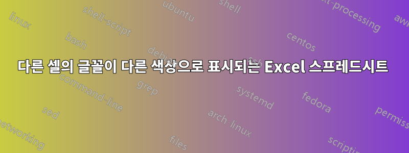 다른 셀의 글꼴이 다른 색상으로 표시되는 Excel 스프레드시트
