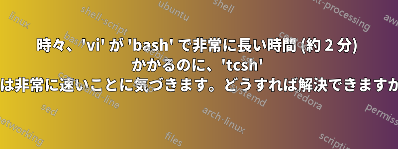 時々、'vi' が 'bash' で非常に長い時間 (約 2 分) かかるのに、'tcsh' では非常に速いことに気づきます。どうすれば解決できますか?