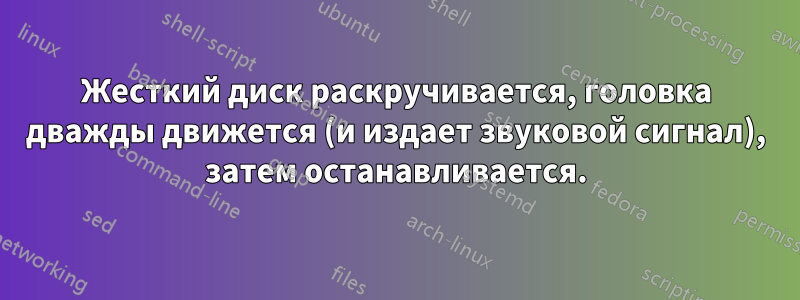 Жесткий диск раскручивается, головка дважды движется (и издает звуковой сигнал), затем останавливается.