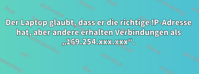 Der Laptop glaubt, dass er die richtige IP-Adresse hat, aber andere erhalten Verbindungen als „169.254.xxx.xxx“.