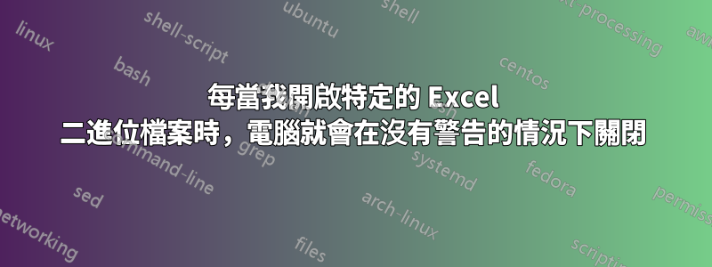 每當我開啟特定的 Excel 二進位檔案時，電腦就會在沒有警告的情況下關閉