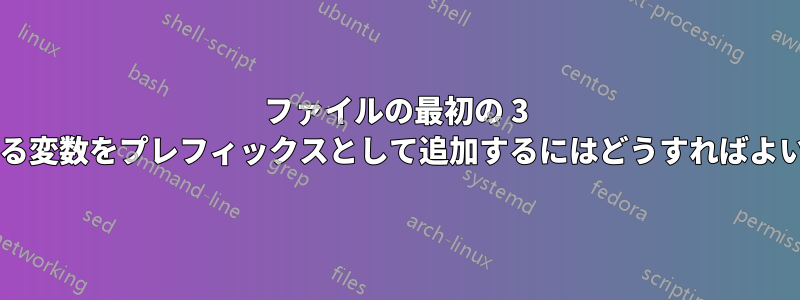 ファイルの最初の 3 行に異なる変数をプレフィックスとして追加するにはどうすればよいですか?