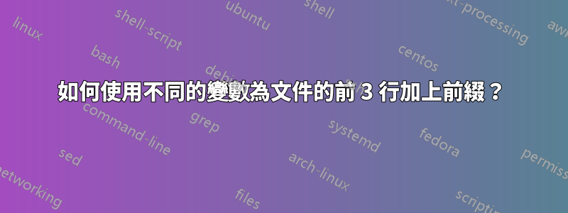 如何使用不同的變數為文件的前 3 行加上前綴？