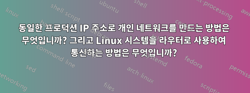 동일한 프로덕션 IP 주소로 개인 네트워크를 만드는 방법은 무엇입니까? 그리고 Linux 시스템을 라우터로 사용하여 통신하는 방법은 무엇입니까?