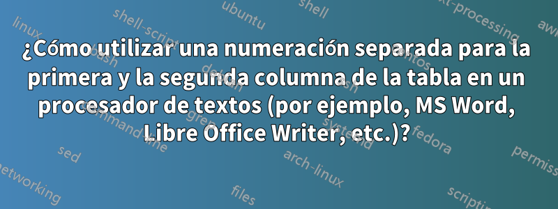 ¿Cómo utilizar una numeración separada para la primera y la segunda columna de la tabla en un procesador de textos (por ejemplo, MS Word, Libre Office Writer, etc.)?