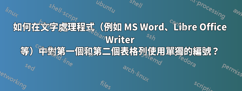 如何在文字處理程式（例如 MS Word、Libre Office Writer 等）中對第一個和第二個表格列使用單獨的編號？