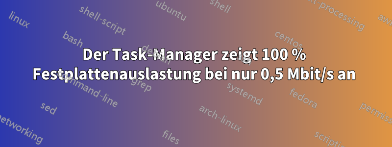 Der Task-Manager zeigt 100 % Festplattenauslastung bei nur 0,5 Mbit/s an