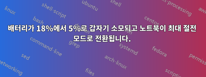 배터리가 18%에서 5%로 갑자기 소모되고 노트북이 최대 절전 모드로 전환됩니다.