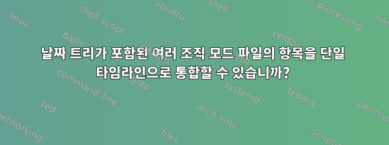 날짜 트리가 포함된 여러 조직 모드 파일의 항목을 단일 타임라인으로 통합할 수 있습니까?