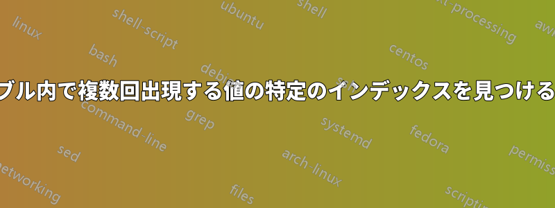 テーブル内で複数回出現する値の特定のインデックスを見つける方法