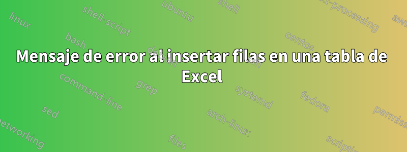 Mensaje de error al insertar filas en una tabla de Excel