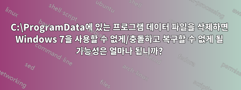 C:\ProgramData에 있는 프로그램 데이터 파일을 삭제하면 Windows 7을 사용할 수 없게/충돌하고 복구할 수 없게 될 가능성은 얼마나 됩니까?