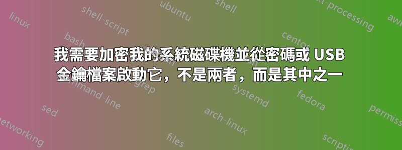 我需要加密我的系統磁碟機並從密碼或 USB 金鑰檔案啟動它，不是兩者，而是其中之一
