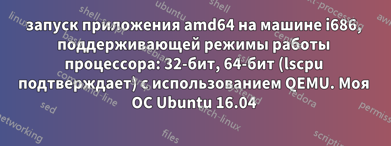 запуск приложения amd64 на машине i686, поддерживающей режимы работы процессора: 32-бит, 64-бит (lscpu подтверждает) с использованием QEMU. Моя ОС Ubuntu 16.04