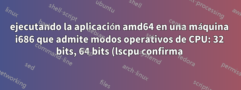 ejecutando la aplicación amd64 en una máquina i686 que admite modos operativos de CPU: 32 bits, 64 bits (lscpu confirma) usando QEMU. Mi sistema operativo ubuntu 16.04