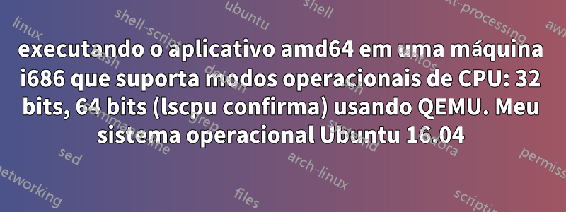 executando o aplicativo amd64 em uma máquina i686 que suporta modos operacionais de CPU: 32 bits, 64 bits (lscpu confirma) usando QEMU. Meu sistema operacional Ubuntu 16.04