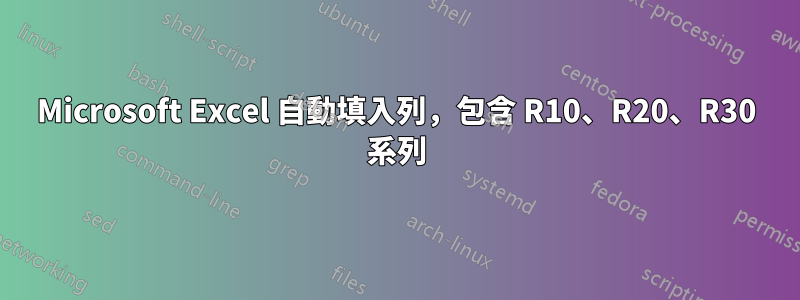 Microsoft Excel 自動填入列，包含 R10、R20、R30 系列