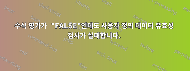 수식 평가가 "FALSE"인데도 사용자 정의 데이터 유효성 검사가 실패합니다.