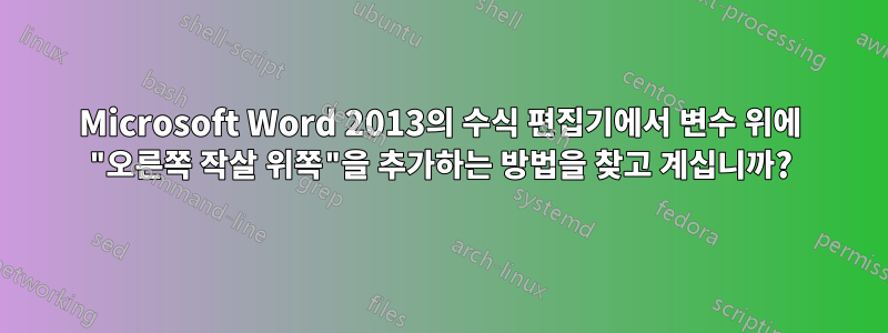 Microsoft Word 2013의 수식 편집기에서 변수 위에 "오른쪽 작살 위쪽"을 추가하는 방법을 찾고 계십니까?