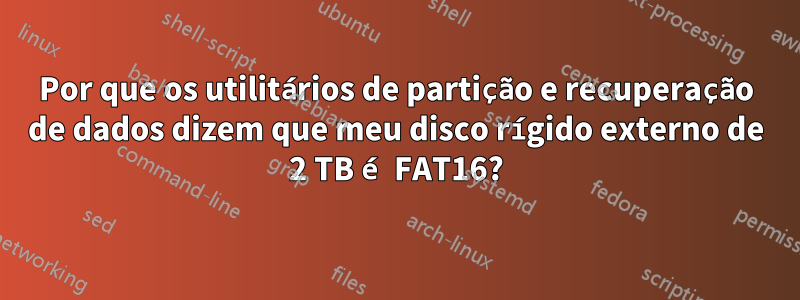 Por que os utilitários de partição e recuperação de dados dizem que meu disco rígido externo de 2 TB é FAT16?