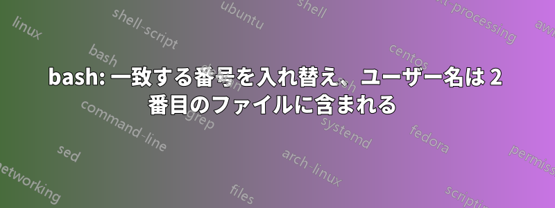 bash: 一致する番号を入れ替え、ユーザー名は 2 番目のファイルに含まれる 