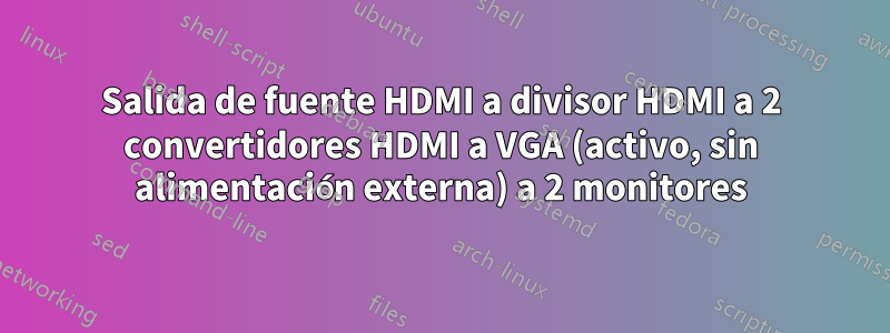 Salida de fuente HDMI a divisor HDMI a 2 convertidores HDMI a VGA (activo, sin alimentación externa) a 2 monitores