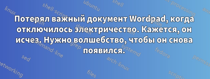 Потерял важный документ Wordpad, когда отключилось электричество. Кажется, он исчез. Нужно волшебство, чтобы он снова появился.