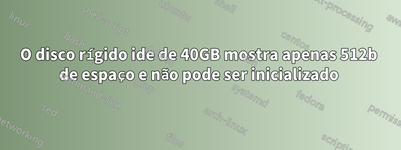 O disco rígido ide de 40GB mostra apenas 512b de espaço e não pode ser inicializado