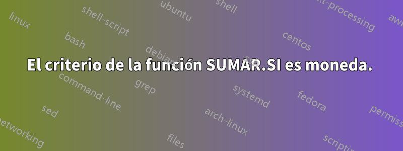 El criterio de la función SUMAR.SI es moneda.