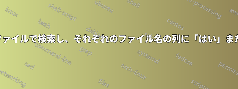 列にリストされている文字列をファイルで検索し、それぞれのファイル名の列に「はい」または「いいえ」とマークします。