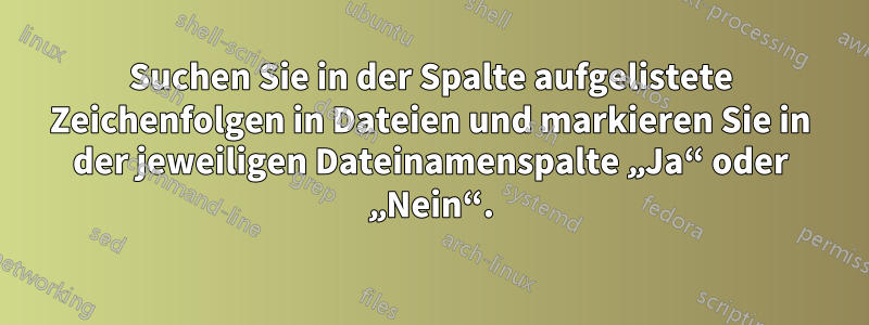 Suchen Sie in der Spalte aufgelistete Zeichenfolgen in Dateien und markieren Sie in der jeweiligen Dateinamenspalte „Ja“ oder „Nein“.