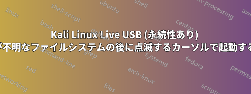 Kali Linux Live USB (永続性あり) が不明なファイルシステムの後に点滅するカーソルで起動する