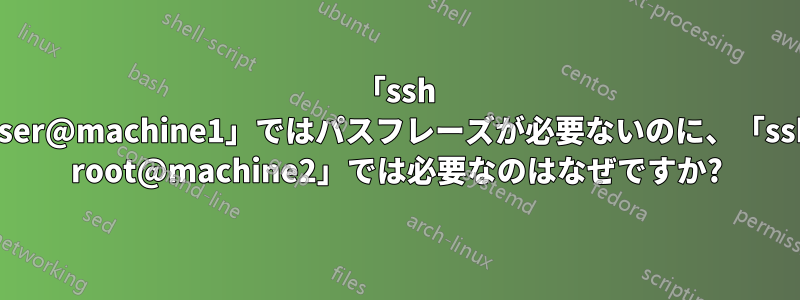 「ssh user@machine1」ではパスフレーズが必要ないのに、「ssh root@machine2」では必要なのはなぜですか?