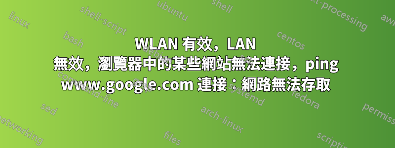 WLAN 有效，LAN 無效，瀏覽器中的某些網站無法連接，ping www.google.com 連接：網路無法存取