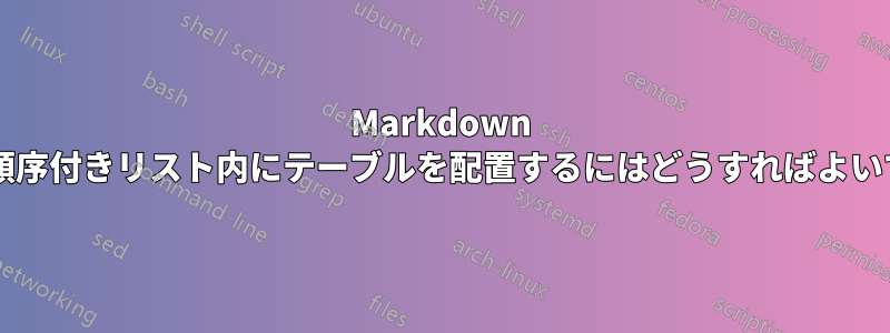 Markdown では、順序付きリスト内にテーブルを配置するにはどうすればよいですか?