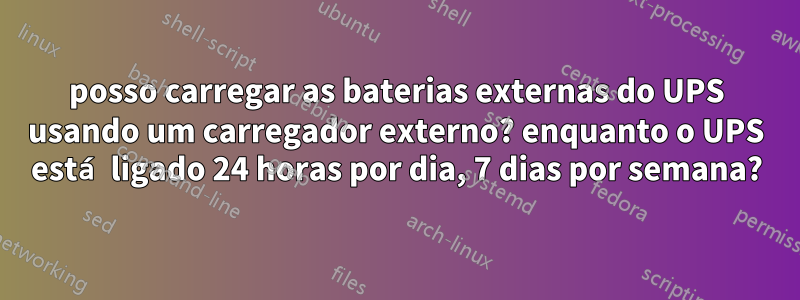 posso carregar as baterias externas do UPS usando um carregador externo? enquanto o UPS está ligado 24 horas por dia, 7 dias por semana?