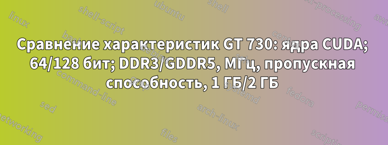 Сравнение характеристик GT 730: ядра CUDA; 64/128 бит; DDR3/GDDR5, МГц, пропускная способность, 1 ГБ/2 ГБ