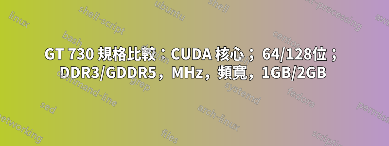 GT 730 規格比較：CUDA 核心； 64/128位； DDR3/GDDR5，MHz，頻寬，1GB/2GB