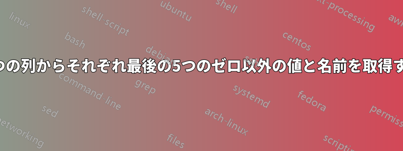 参照を持つ2つの列からそれぞれ最後の5つのゼロ以外の値と名前を取得するExcel数式