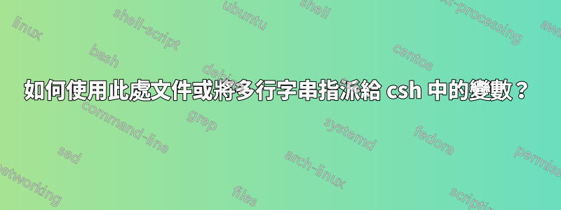 如何使用此處文件或將多行字串指派給 csh 中的變數？