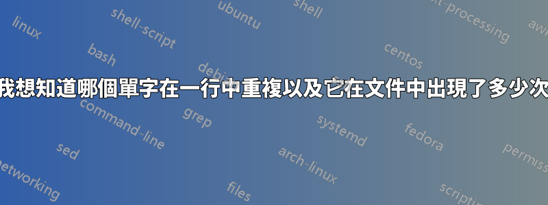 我想知道哪個單字在一行中重複以及它在文件中出現了多少次