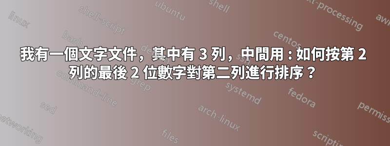 我有一個文字文件，其中有 3 列，中間用 : 如何按第 2 列的最後 2 位數字對第二列進行排序？